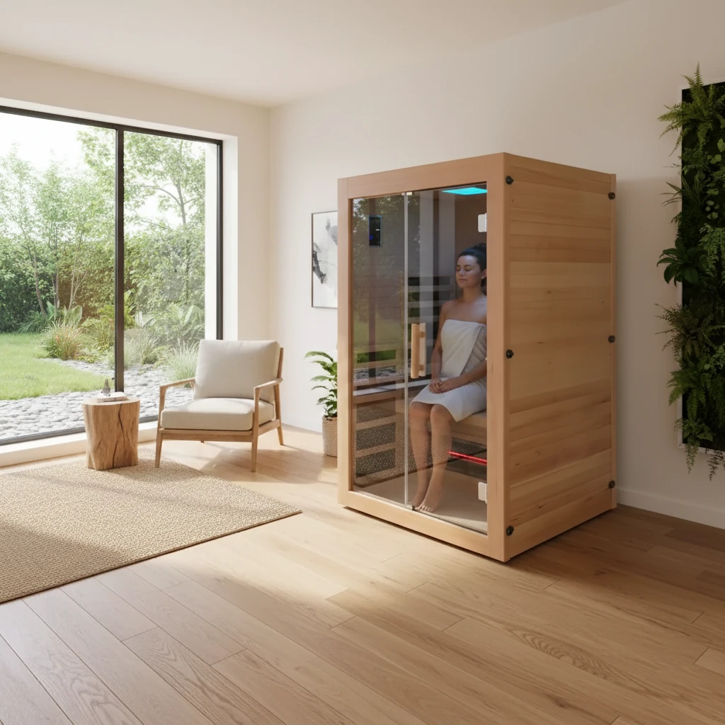 Woman inside and enjoying a sauna by Zen Sauna